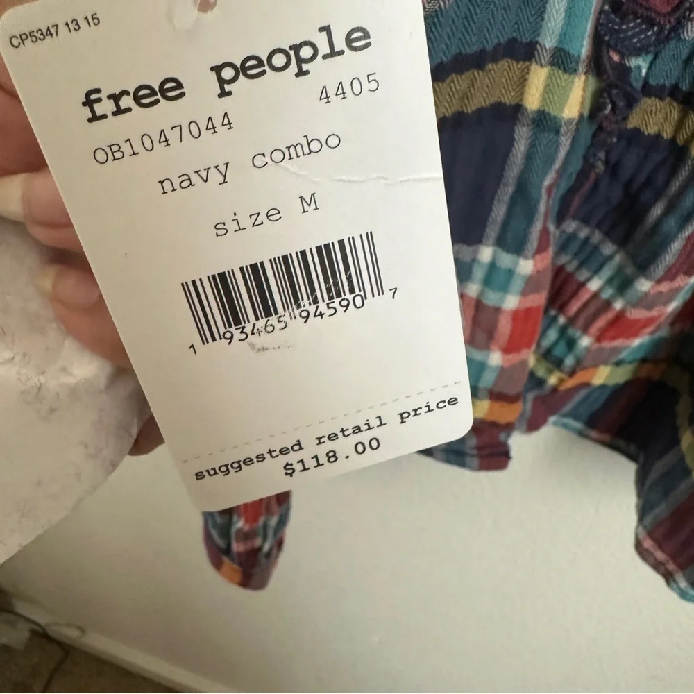 Free People Navy Sienna Plaid Long Sleeve Top‎ Sz Medium